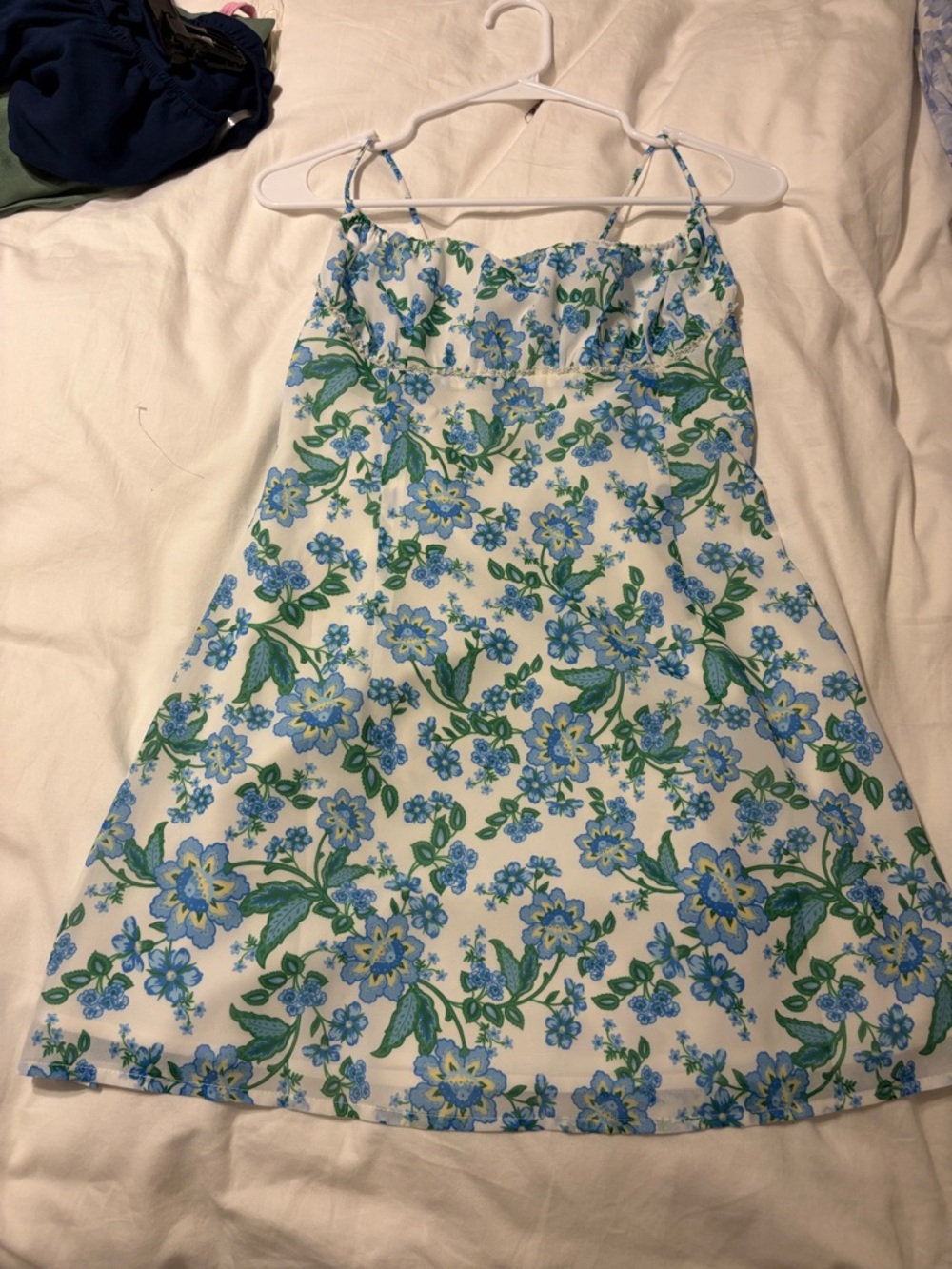 Beginning Boutique White Mini Dress with Blue and Green Floral Print